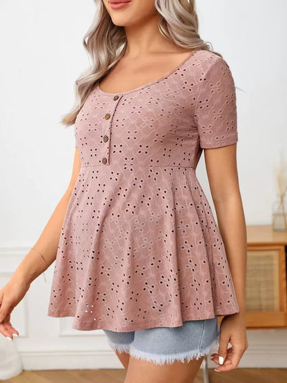 Maternity Button Front Schiffy Scoop Neck Tee with Ruffle Hem Slim Fit Short Sleeve White Knit Top for Casual Daily Wear