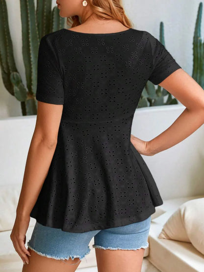 Maternity Button Front Schiffy Scoop Neck Tee with Ruffle Hem Slim Fit Short Sleeve White Knit Top for Casual Daily Wear