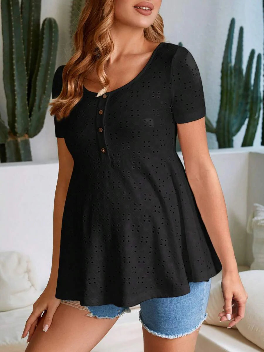 Maternity Button Front Schiffy Scoop Neck Tee with Ruffle Hem Slim Fit Short Sleeve White Knit Top for Casual Daily Wear