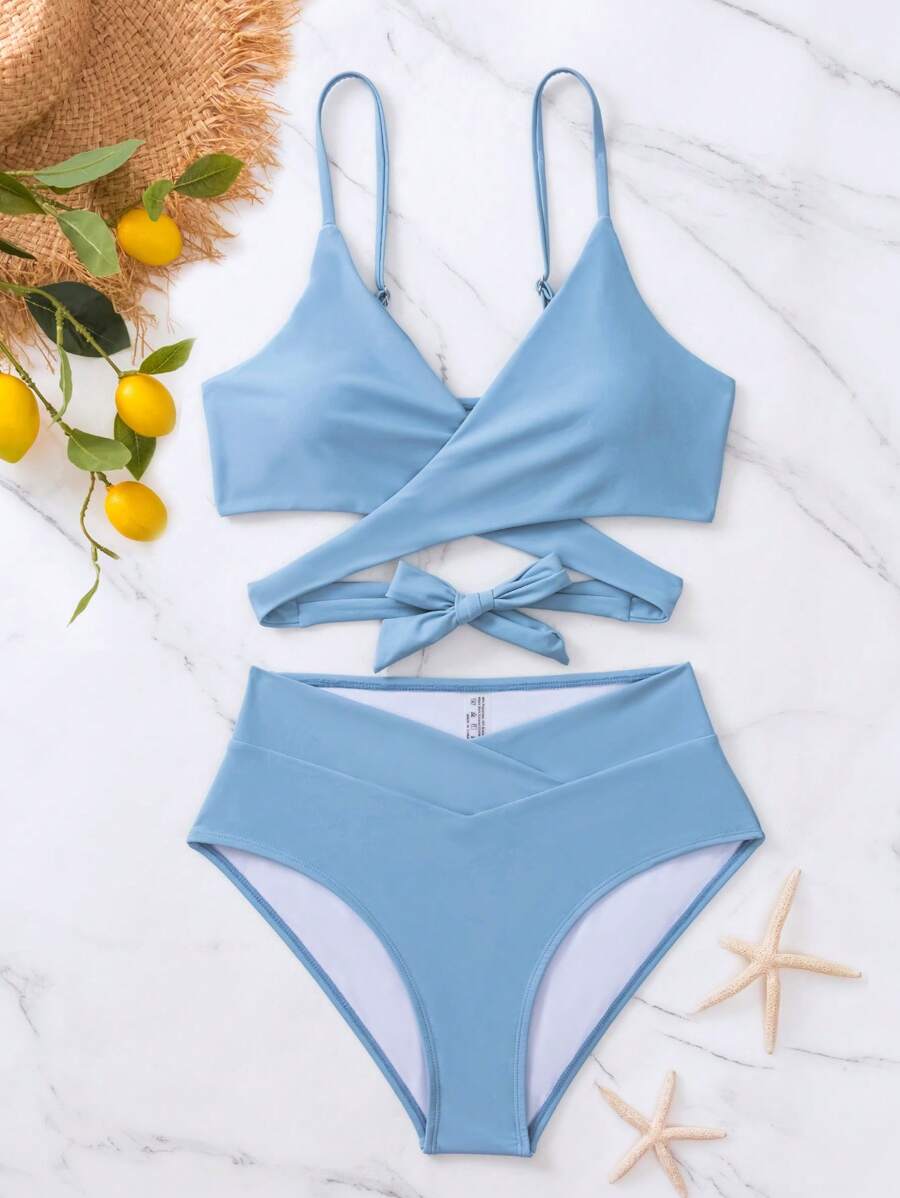 Women's Minimalist Solid Bikini Set - Halter, Criss Cross, High Waist, Red