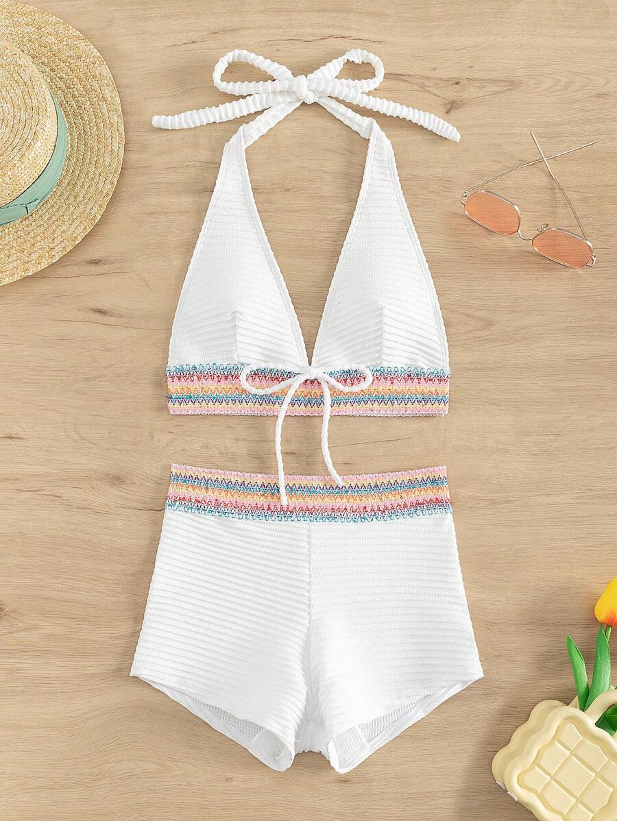 Women's 2-Piece Lace-Up Bikini Set - Twist Halter, Tie Back, High Waist Shorts, Mint Green