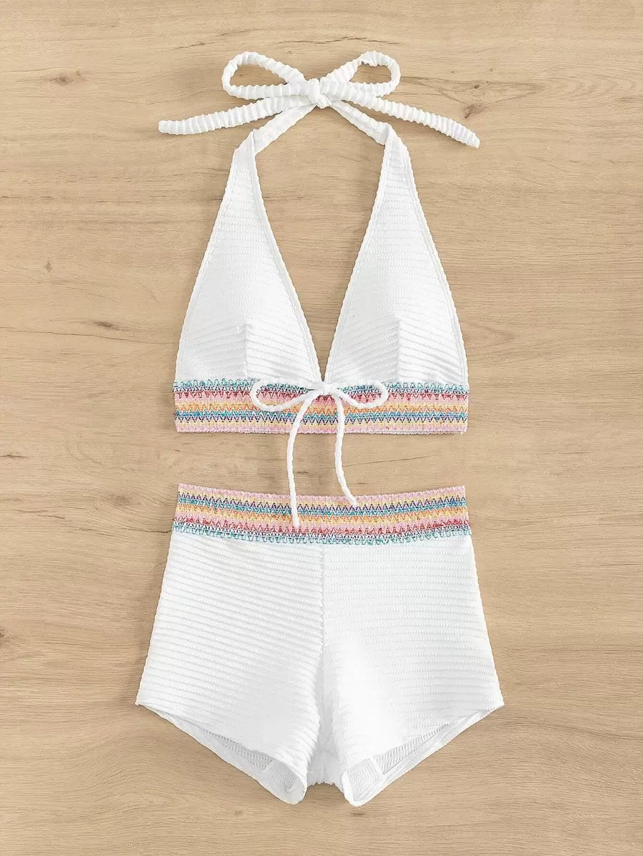 Women's 2-Piece Lace-Up Bikini Set - Twist Halter, Tie Back, High Waist Shorts, Mint Green