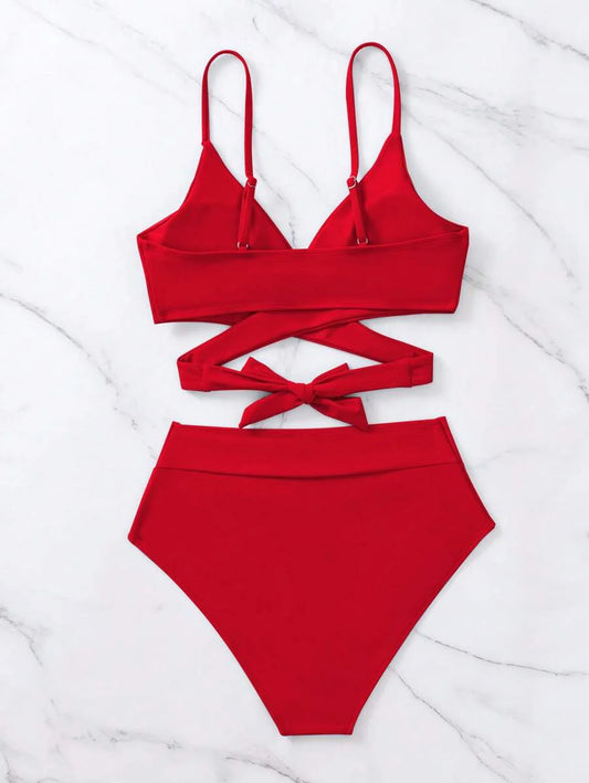 Women's Minimalist Solid Bikini Set - Halter, Criss Cross, High Waist, Red