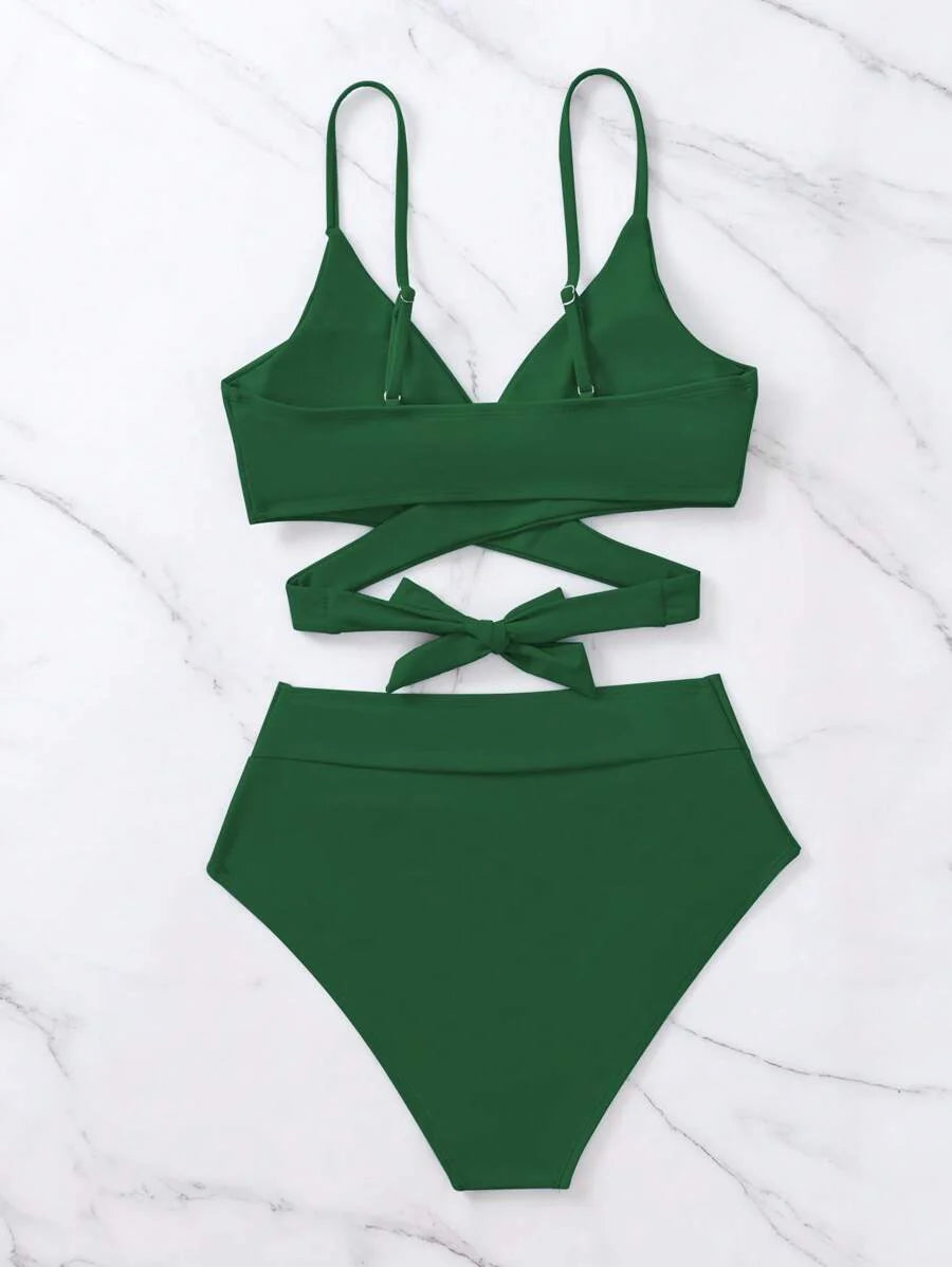 Women's Minimalist Solid Bikini Set - Halter, Criss Cross, High Waist, Red