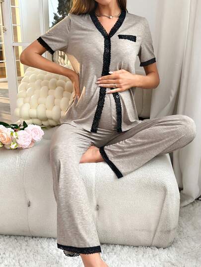 Maternity Button Front Pajama Set Women Contrast Trim Nursing Sleepwear Lounge Set