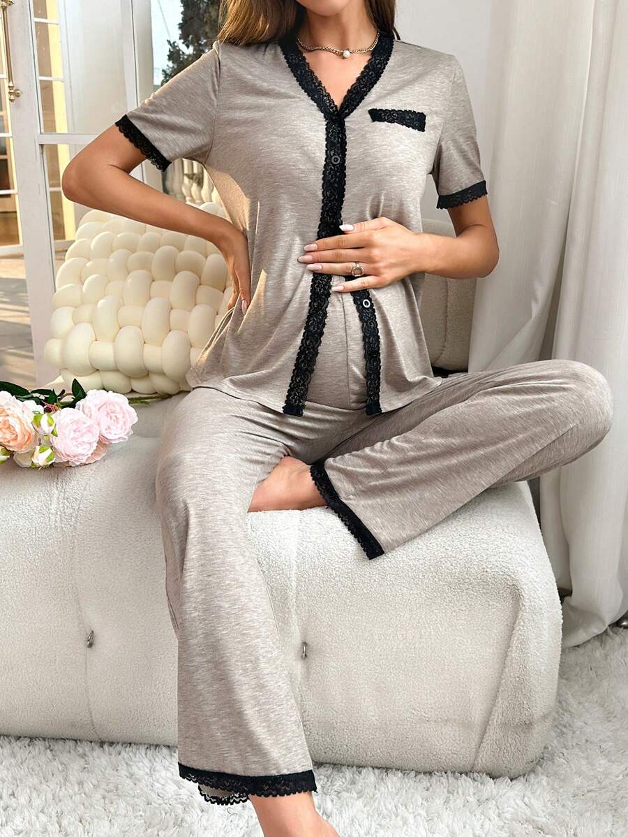 Maternity Button Front Pajama Set Women Contrast Trim Nursing Sleepwear Lounge Set