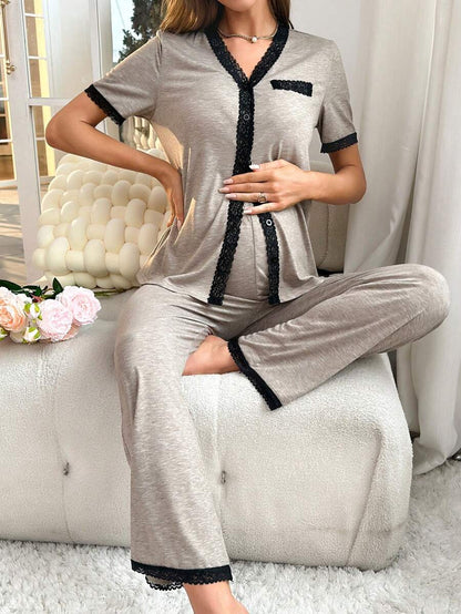 Maternity Button Front Pajama Set Women Contrast Trim Nursing Sleepwear Lounge Set