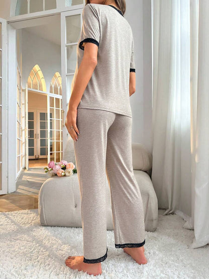 Maternity Button Front Pajama Set Women Contrast Trim Nursing Sleepwear Lounge Set