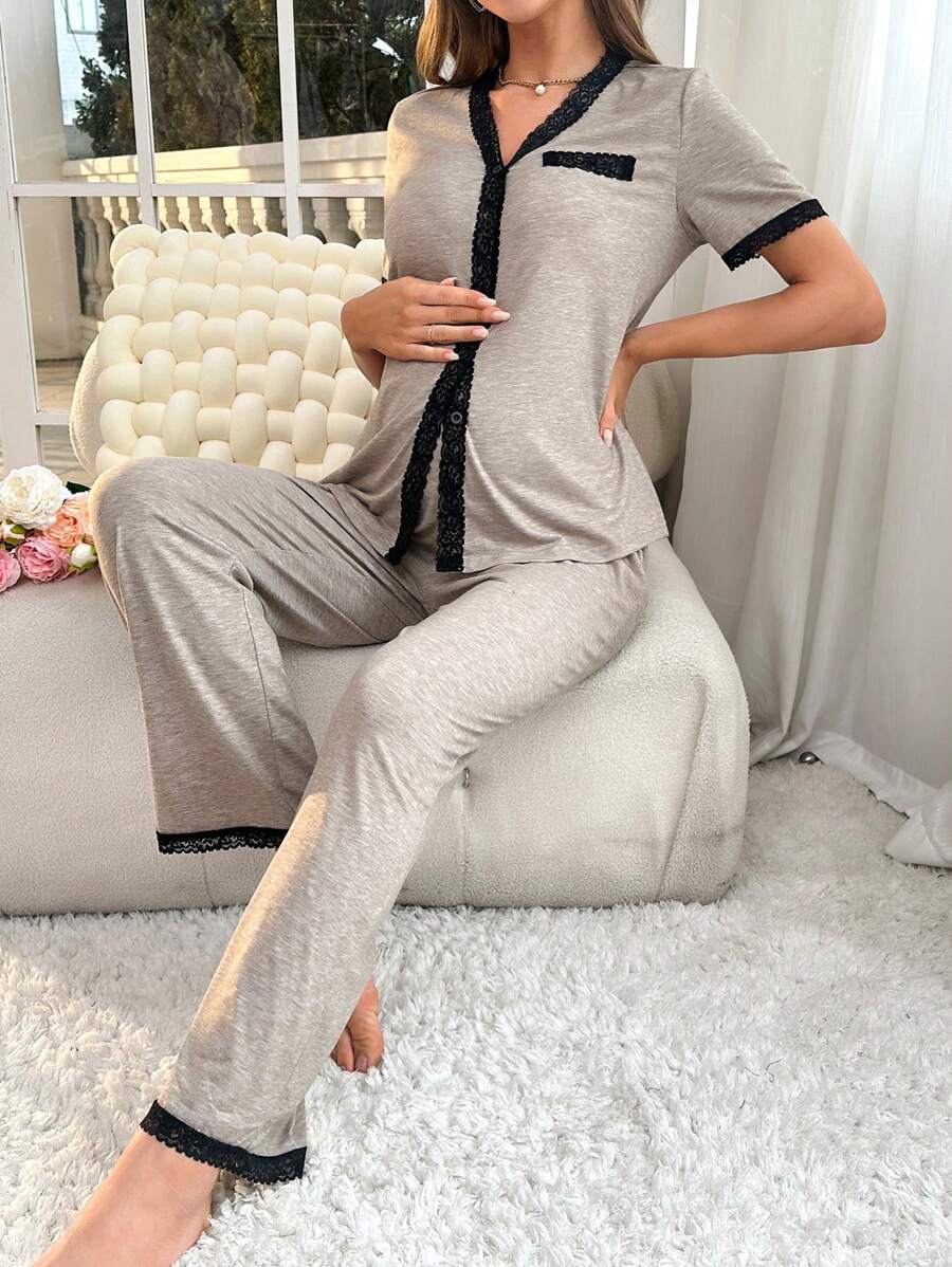 Maternity Button Front Pajama Set Women Contrast Trim Nursing Sleepwear Lounge Set