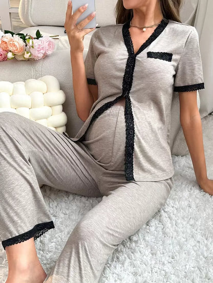Maternity Button Front Pajama Set Women Contrast Trim Nursing Sleepwear Lounge Set