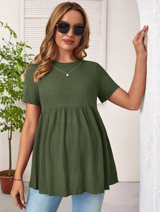 Army Green Maternity Waffle Knit Peplum Tee Short Sleeve Round Neck Ruffle Hem Maternity Top for Daily Wear Long Length Regular Fit