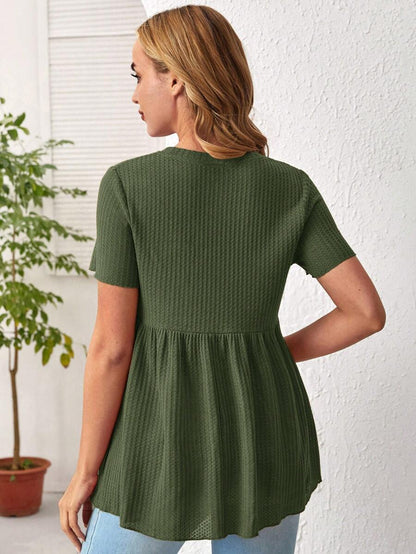 Army Green Maternity Waffle Knit Peplum Tee Short Sleeve Round Neck Ruffle Hem Maternity Top for Daily Wear Long Length Regular Fit