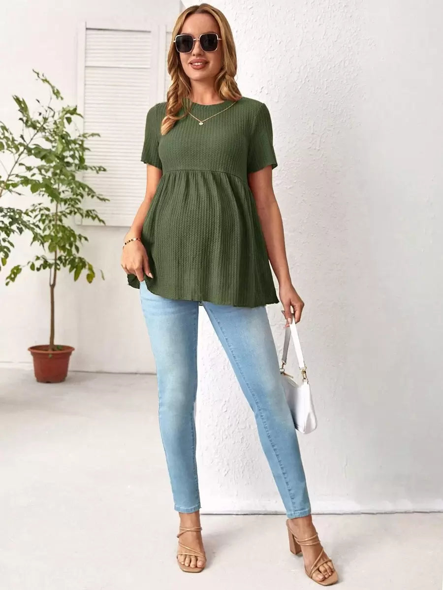 Army Green Maternity Waffle Knit Peplum Tee Short Sleeve Round Neck Ruffle Hem Maternity Top for Daily Wear Long Length Regular Fit