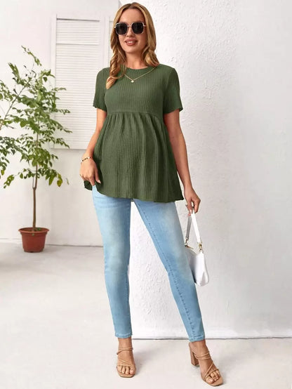 Army Green Maternity Waffle Knit Peplum Tee Short Sleeve Round Neck Ruffle Hem Maternity Top for Daily Wear Long Length Regular Fit