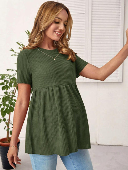 Army Green Maternity Waffle Knit Peplum Tee Short Sleeve Round Neck Ruffle Hem Maternity Top for Daily Wear Long Length Regular Fit