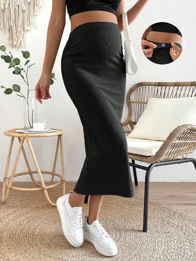 High Waist Ribbed Knit Pencil Skirt with Back Split Plain Casual Skinny Long Skirt for Daily Wear and Minimalist Style