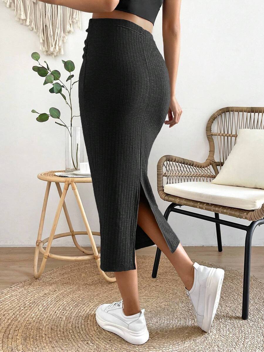High Waist Ribbed Knit Pencil Skirt with Back Split Plain Casual Skinny Long Skirt for Daily Wear and Minimalist Style
