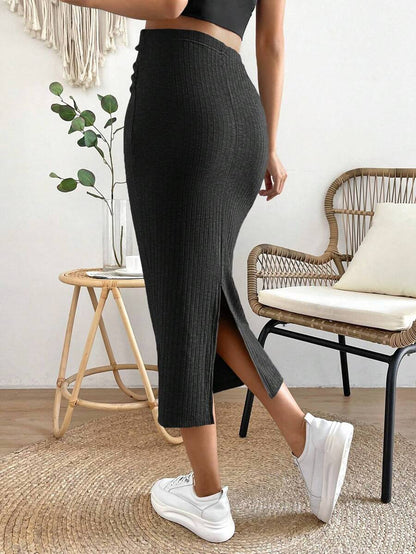 High Waist Ribbed Knit Pencil Skirt with Back Split Plain Casual Skinny Long Skirt for Daily Wear and Minimalist Style