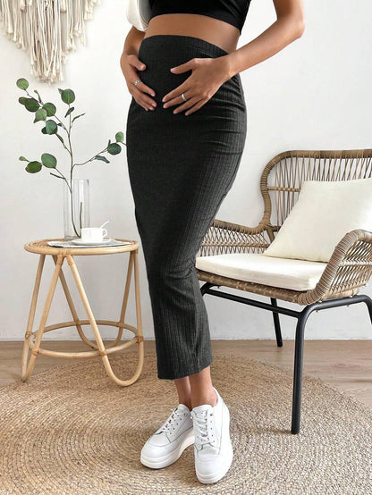 High Waist Ribbed Knit Pencil Skirt with Back Split Plain Casual Skinny Long Skirt for Daily Wear and Minimalist Style