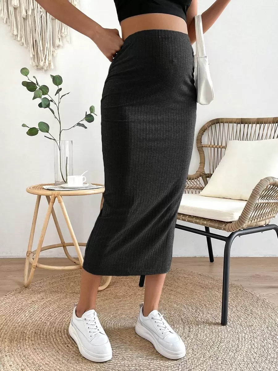 High Waist Ribbed Knit Pencil Skirt with Back Split Plain Casual Skinny Long Skirt for Daily Wear and Minimalist Style