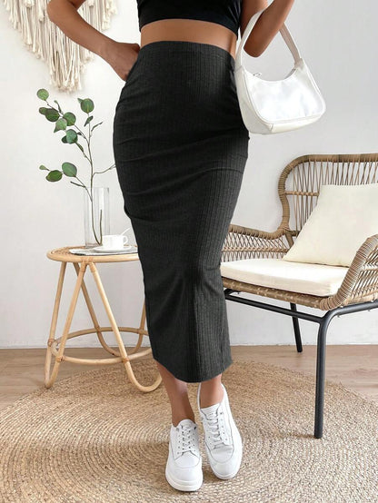 High Waist Ribbed Knit Pencil Skirt with Back Split Plain Casual Skinny Long Skirt for Daily Wear and Minimalist Style