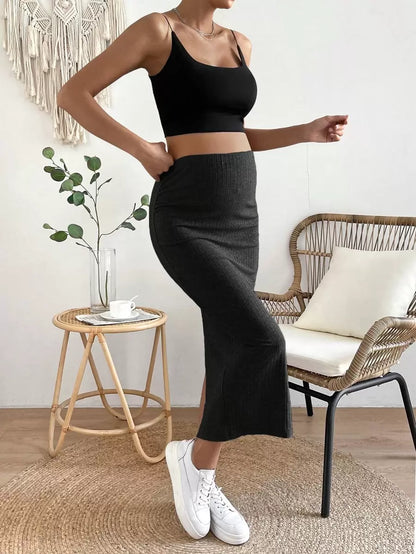 High Waist Ribbed Knit Pencil Skirt with Back Split Plain Casual Skinny Long Skirt for Daily Wear and Minimalist Style