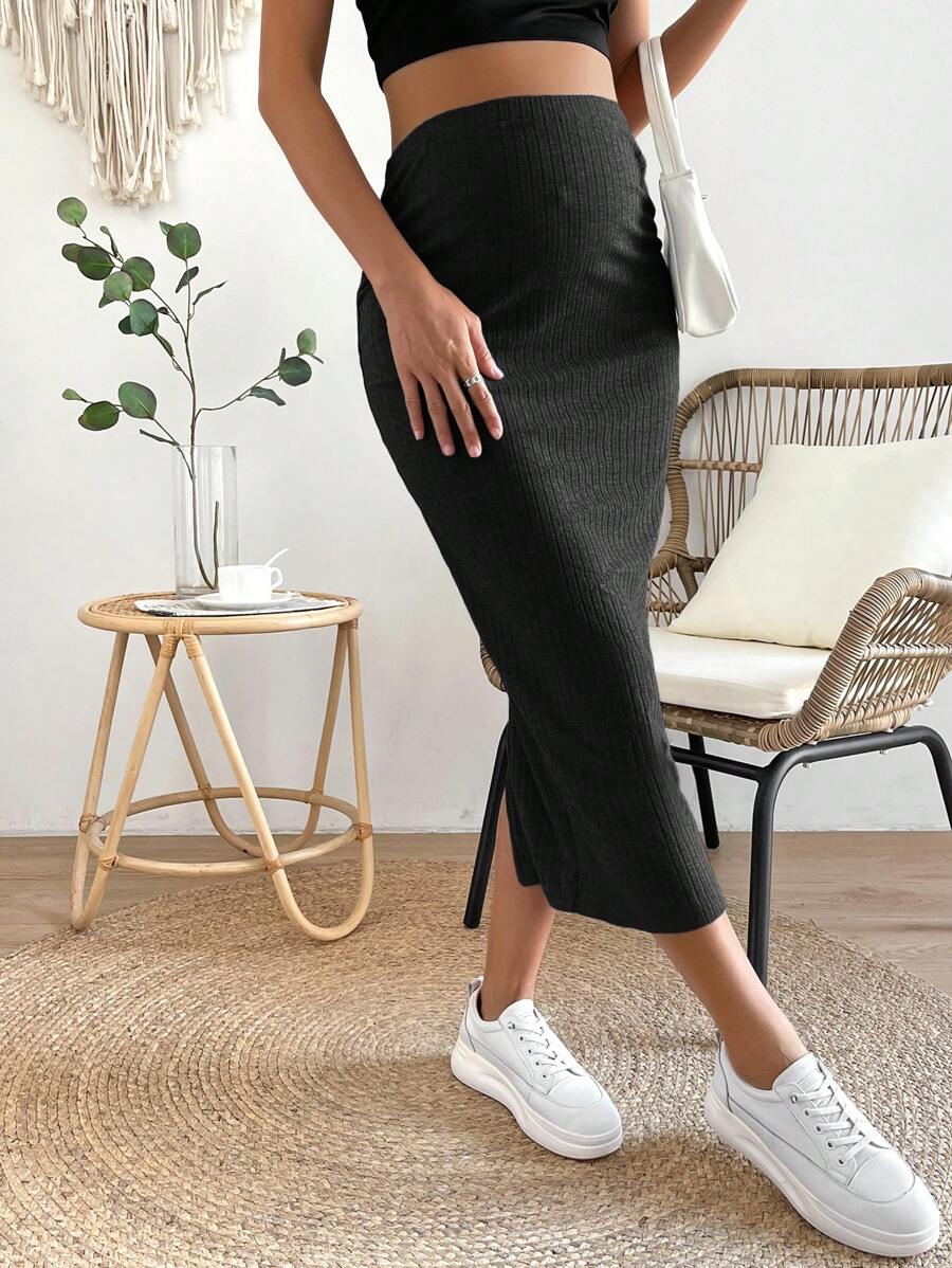 High Waist Ribbed Knit Pencil Skirt with Back Split Plain Casual Skinny Long Skirt for Daily Wear and Minimalist Style