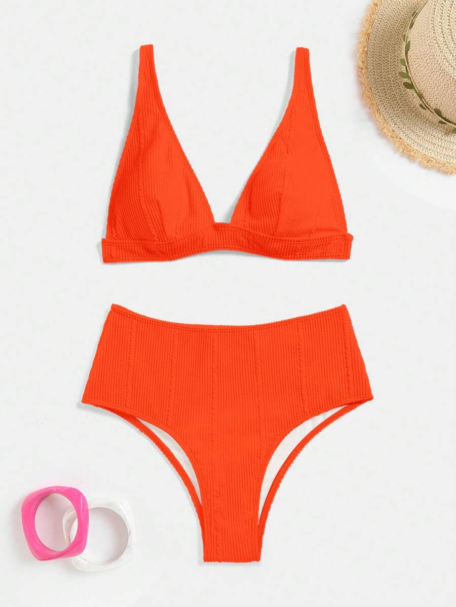Swim Vcay Summer Beach Textured High Waisted Bikini Set, Bathing Suit