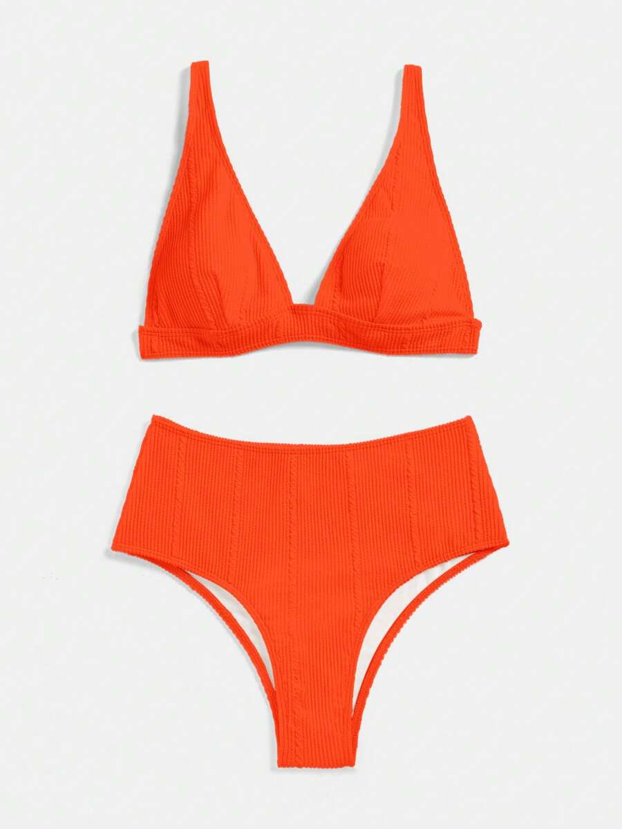 Swim Vcay Summer Beach Textured High Waisted Bikini Set, Bathing Suit