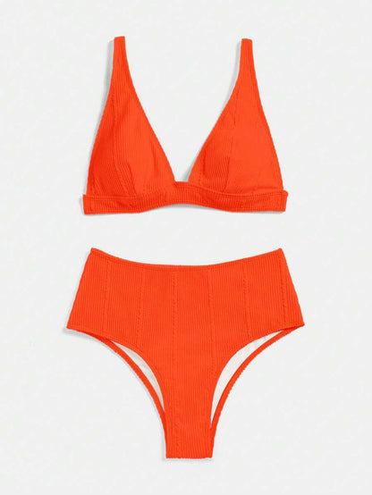 Swim Vcay Summer Beach Textured High Waisted Bikini Set, Bathing Suit