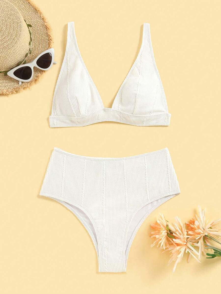 Swim Vcay Summer Beach Textured High Waisted Bikini Set, Bathing Suit