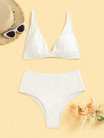Swim Vcay Summer Beach Textured High Waisted Bikini Set, Bathing Suit