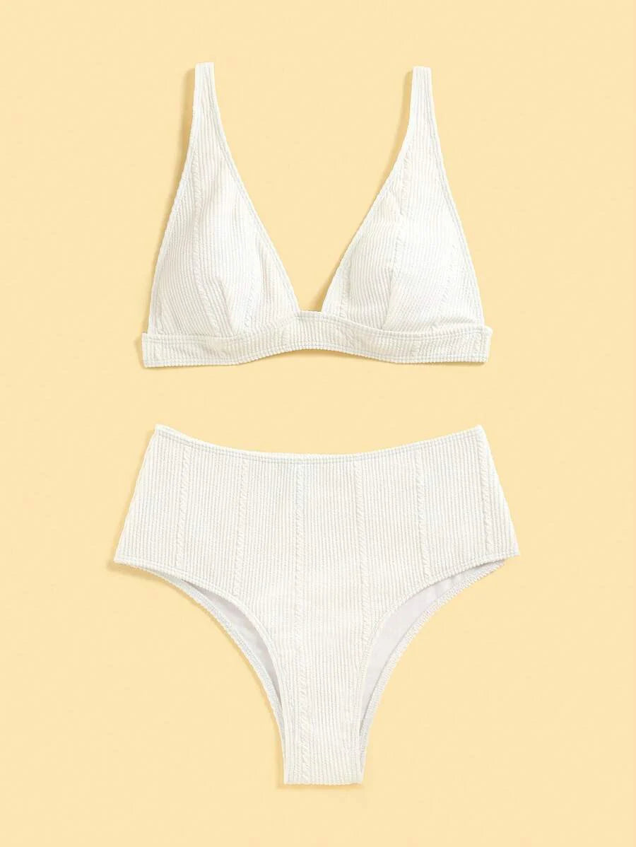 Swim Vcay Summer Beach Textured High Waisted Bikini Set, Bathing Suit
