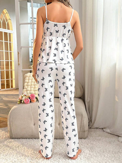 Maternity Butterfly Print Pajama Set Women Contrast Lace Cami Top and Pants Sleepwear Nursing Loungewear Set