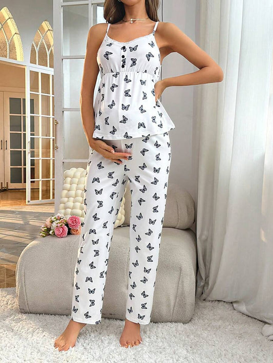 Maternity Butterfly Print Pajama Set Women Contrast Lace Cami Top and Pants Sleepwear Nursing Loungewear Set
