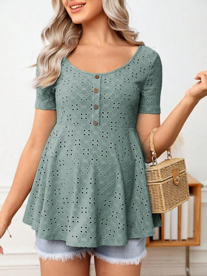 Maternity Button Front Schiffy Scoop Neck Tee with Ruffle Hem Slim Fit Short Sleeve White Knit Top for Casual Daily Wear