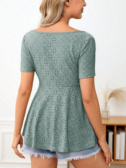 Maternity Button Front Schiffy Scoop Neck Tee with Ruffle Hem Slim Fit Short Sleeve White Knit Top for Casual Daily Wear