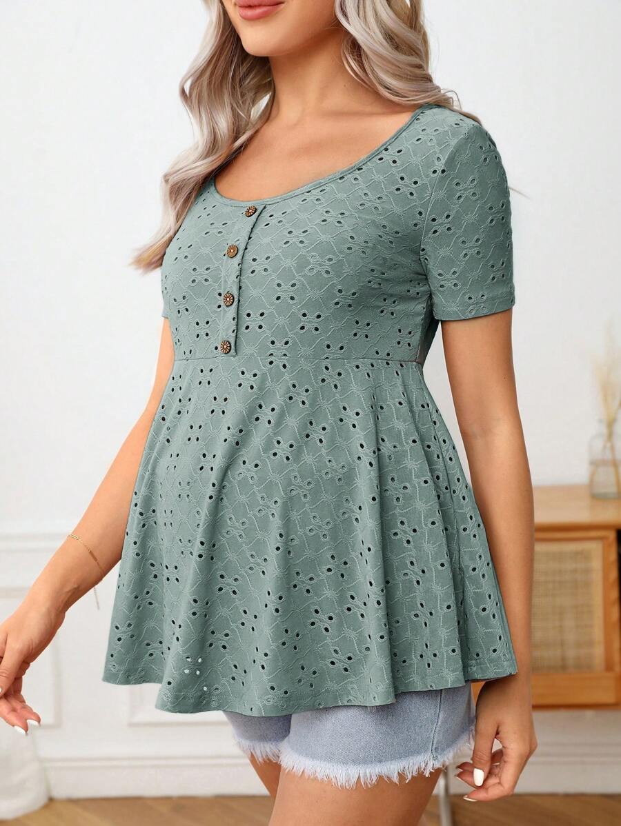 Maternity Button Front Schiffy Scoop Neck Tee with Ruffle Hem Slim Fit Short Sleeve White Knit Top for Casual Daily Wear