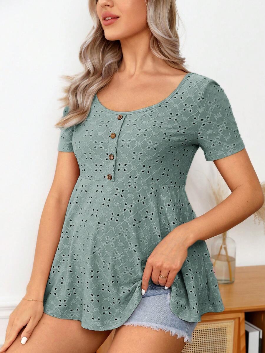 Black Eyelet Embroidery Button Front Peplum Tee - Slim Fit Short Sleeve Ruffle Hem Scoop Neck Maternity Top
