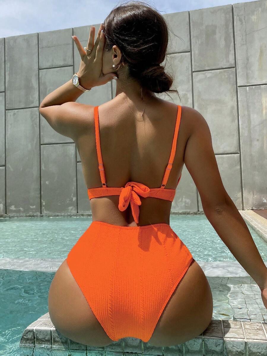 Swim Vcay Summer Beach Textured High Waisted Bikini Set, Bathing Suit