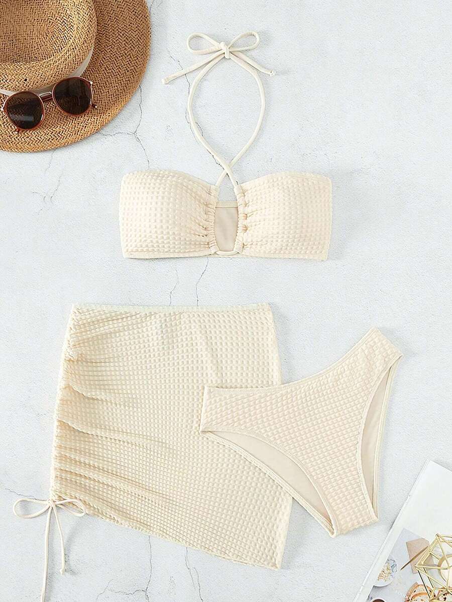Swim Vcay Separates Swimwear With Halter Neck Solid Color Top, Triangle Bottoms And Sarong Skirt For Summer Beach Vacation