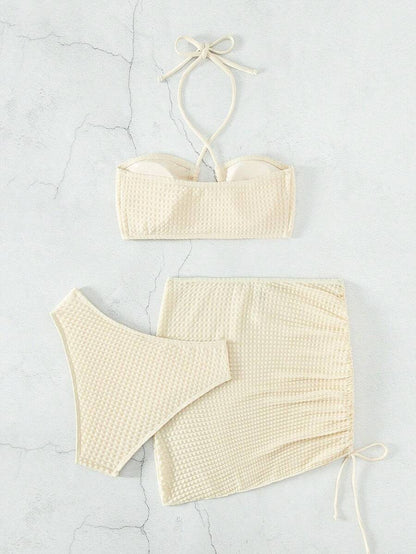 Swim Vcay Separates Swimwear With Halter Neck Solid Color Top, Triangle Bottoms And Sarong Skirt For Summer Beach Vacation