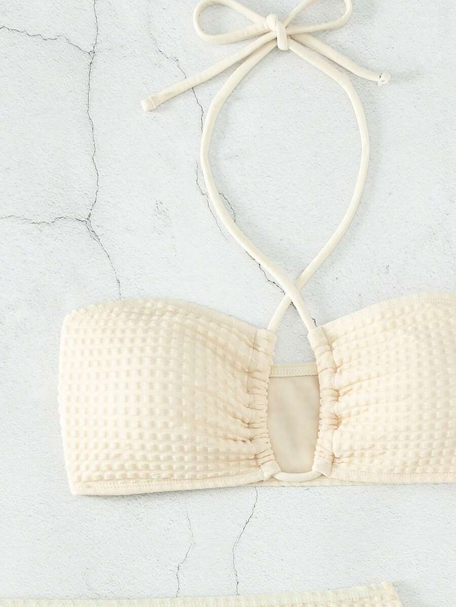 Swim Vcay Separates Swimwear With Halter Neck Solid Color Top, Triangle Bottoms And Sarong Skirt For Summer Beach Vacation
