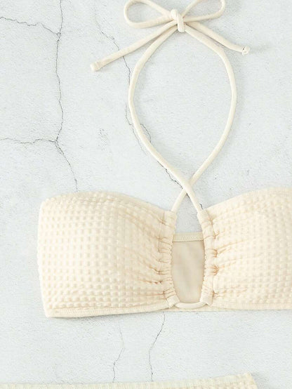Swim Vcay Separates Swimwear With Halter Neck Solid Color Top, Triangle Bottoms And Sarong Skirt For Summer Beach Vacation
