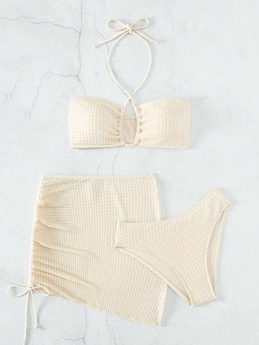 Swim Vcay Separates Swimwear With Halter Neck Solid Color Top, Triangle Bottoms And Sarong Skirt For Summer Beach Vacation