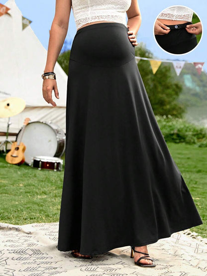 Maternity High Waist Solid Black Maxi Skirt with Zipper Loose Fit Flared Beach Skirt for Casual Summer Outfits