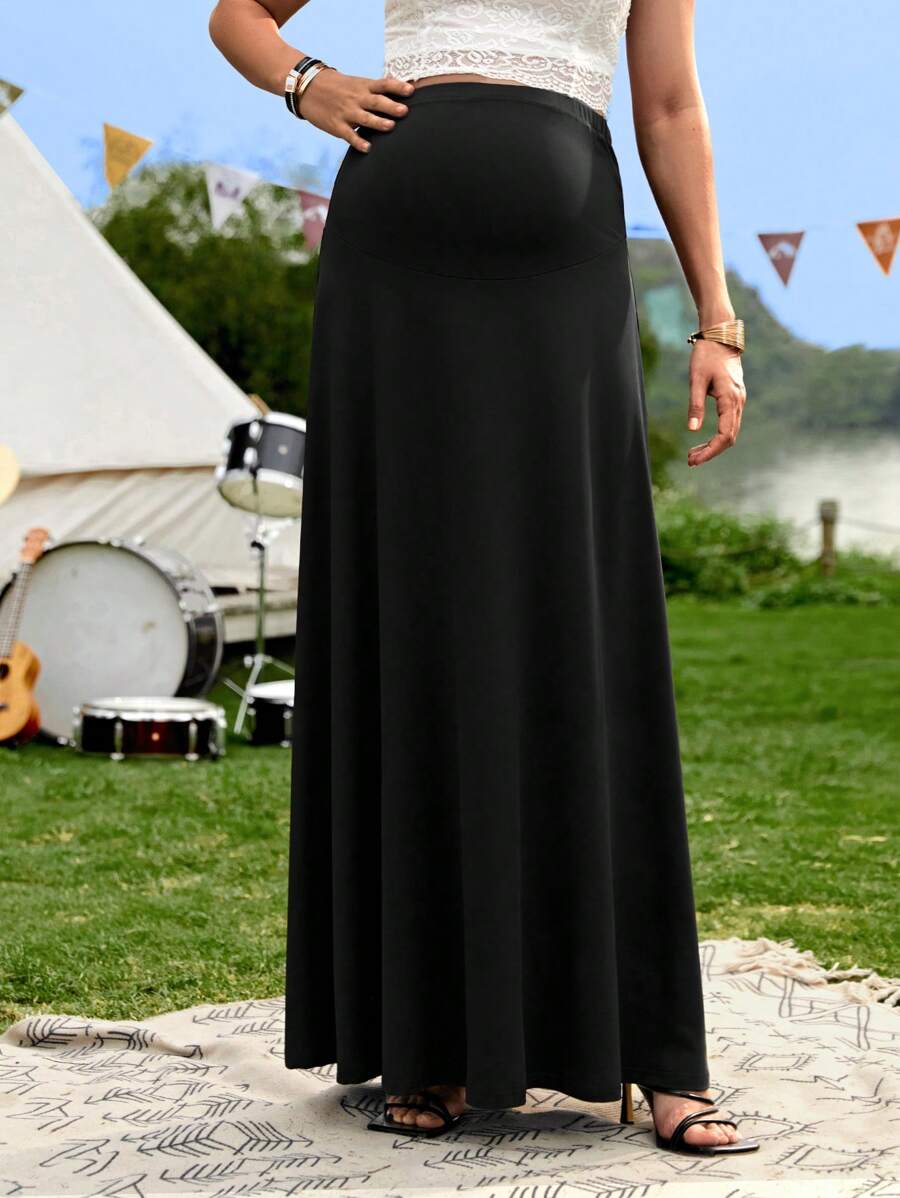 Maternity High Waist Solid Black Maxi Skirt with Zipper Loose Fit Flared Beach Skirt for Casual Summer Outfits