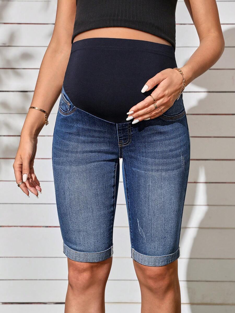 Maternity Solid Color Denim Shorts - Casual High Waist Pregnancy Fit