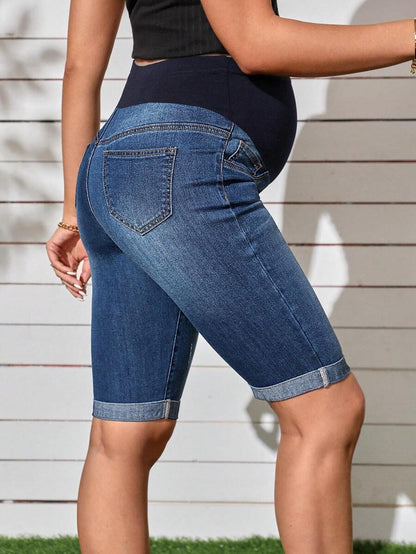 Maternity Solid Color Denim Shorts - Casual High Waist Pregnancy Fit
