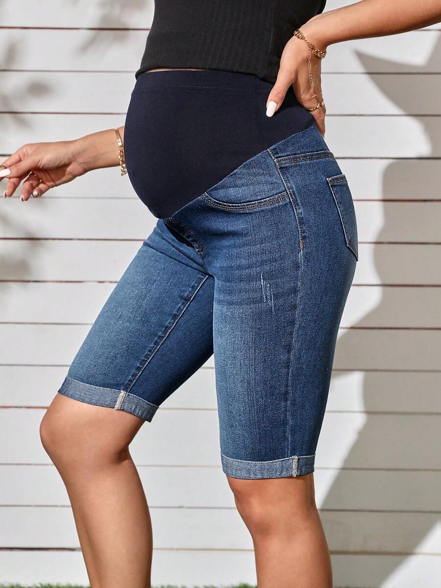 Maternity Solid Color Denim Shorts - Casual High Waist Pregnancy Fit